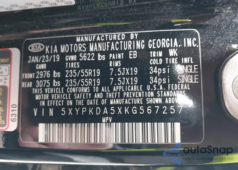 2019 Kia Sorento 3.3L Sxl from USA, damaged, VIN 5XYPKDA5XKG567257